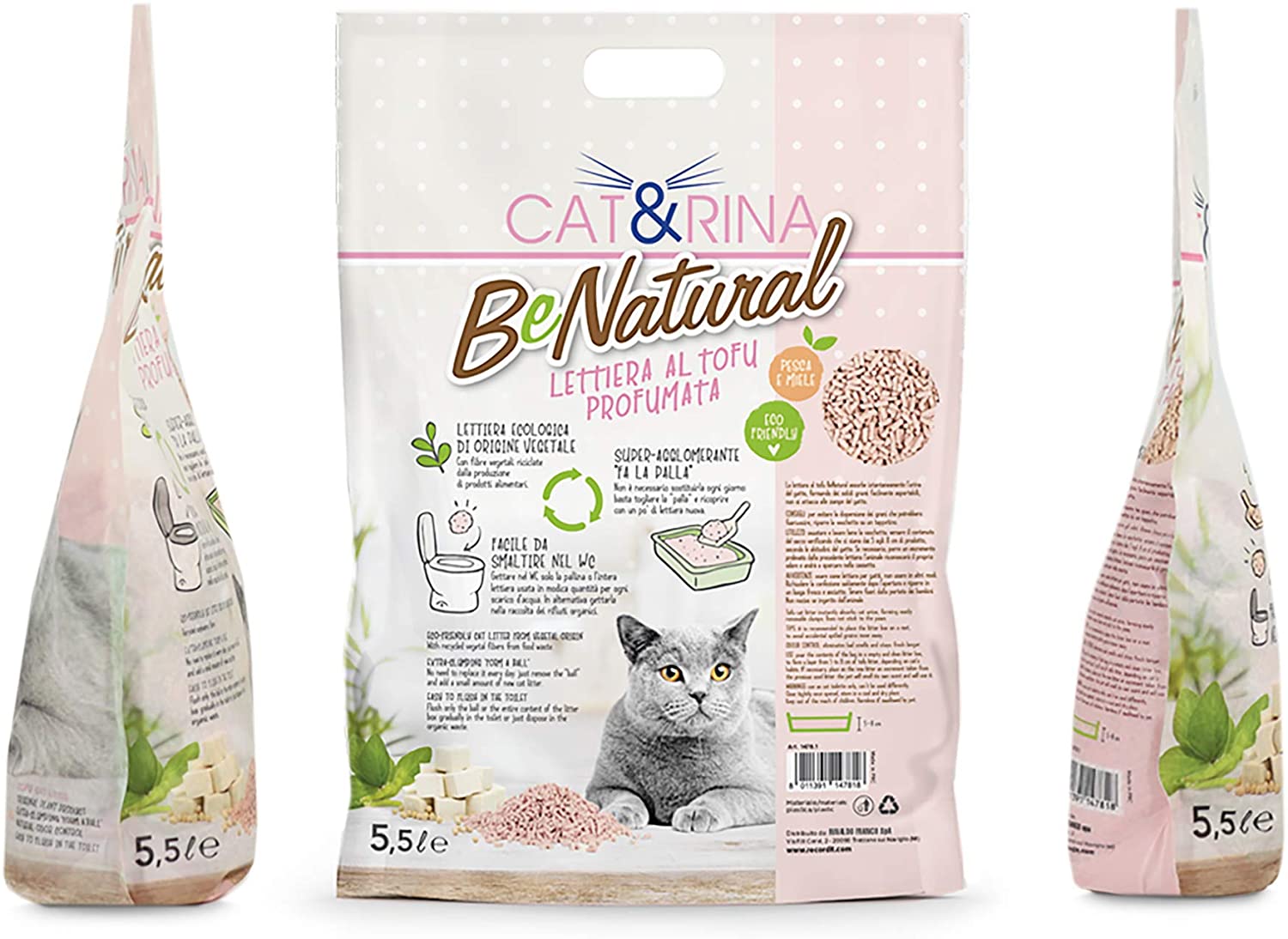 3x5,5L Cat&rina BeNatural - Lettiera da WC al Tofu - Profumo Pesca 3x5,5L Cat&rina BeNatural - Lettiera da WC al Tofu - Profumo Pesca